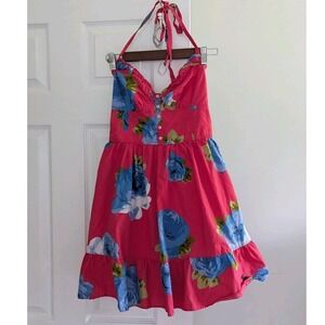 Abercrombie & Fitch Red Blue Rose Floral Halter Babydoll Mini Dress Sz M Cotton